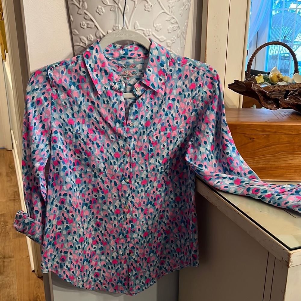Lilly Pulitzer abstract print Linen Shirt EEEUC